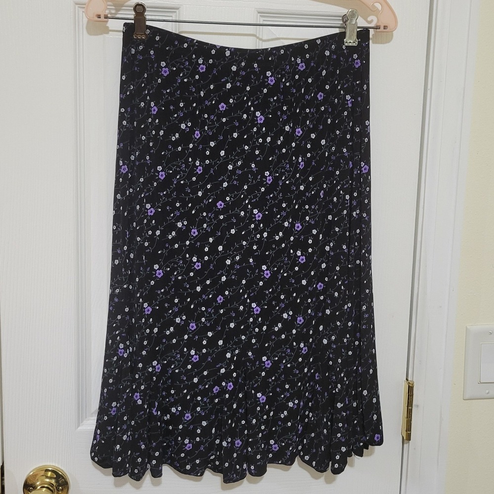 Dressbarn Floral Midi Skirt Black Purple Vine Print Stretchy Size Small